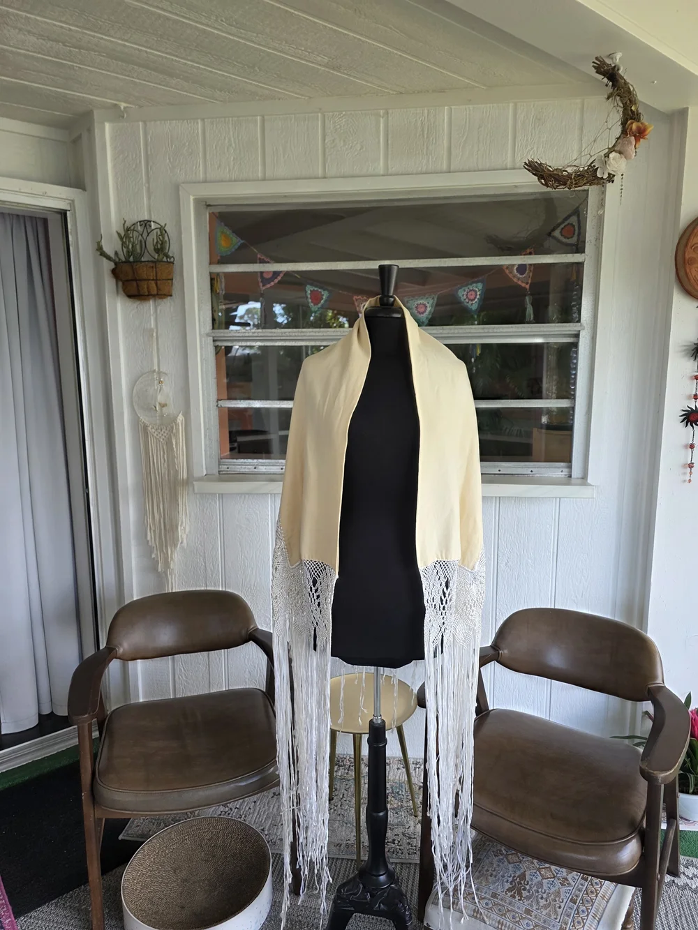 Vintage 70s Dramatic Fringe Wrap Boho Hippie Cream Shawl with White Fringe